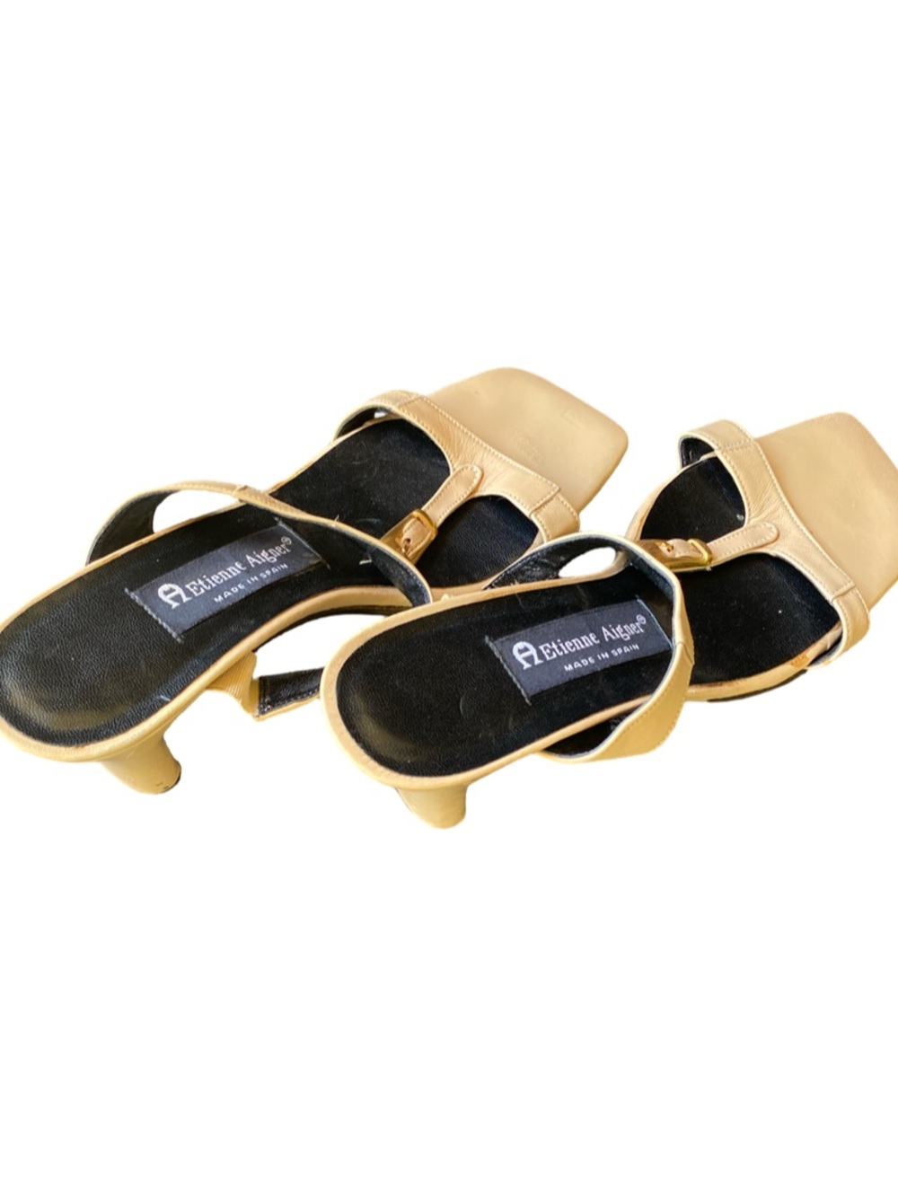 Etienne Aigner Beige Slingback Square-Toe Mules with Gold Buckle